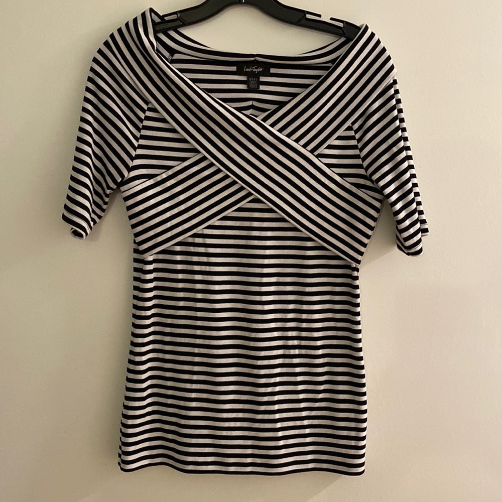 Lord and Taylor off the should stripes t-shirt material.